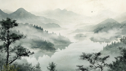 晨雾烟雨笼罩山水