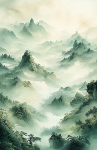 山脉朦胧油彩画