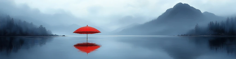 红伞静湖远山云丝