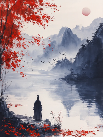 孤影秋水望飞雁枫叶菊花映月明