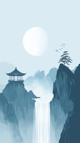 月下瀑布与山间亭