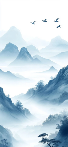 雾山蓝影简约山水画