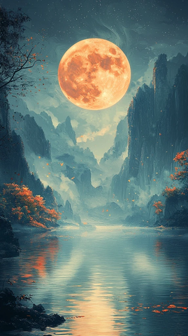 满月映湖山水墨夜色