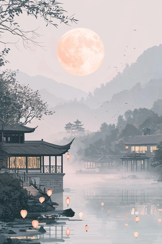 中秋月夜灯笼轻飘汉服赏月