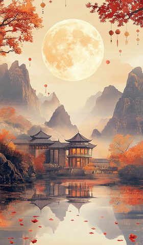 明月古建筑水中秋树灯笼