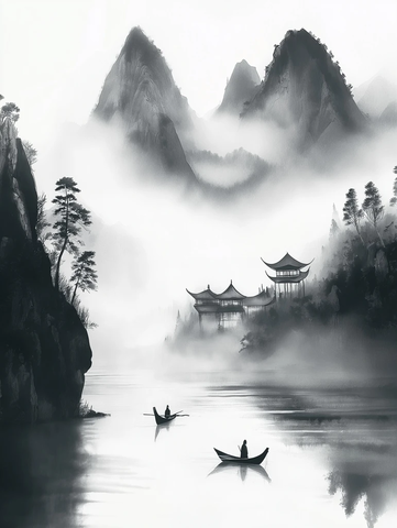 雾山孤舟古寺苍松