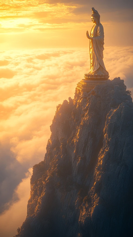 山顶云海之上的观音像宏伟壮观