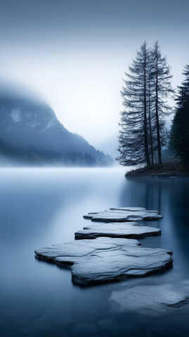 湖面雾夜月影朦胧