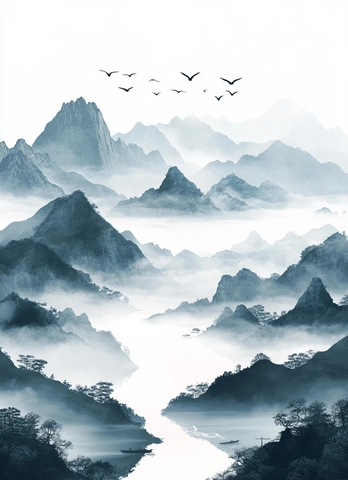 山间溪流飞鸟薄雾