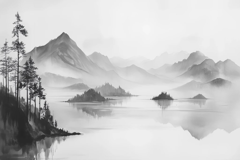 山水湖岛墨画