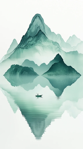 山水白描孤舟轻纱