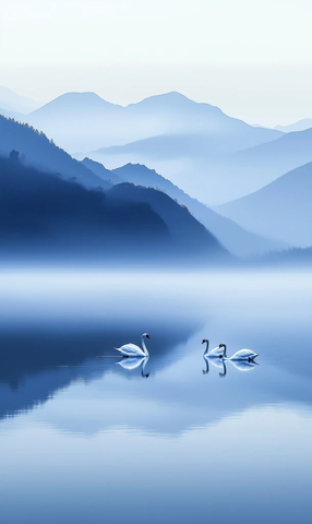 蓝天盐湖白鹅远山