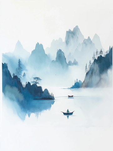 雾山渔船日本画风