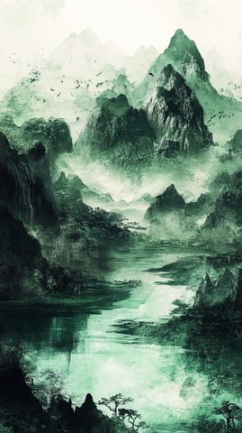 山水墨画绿意盎然