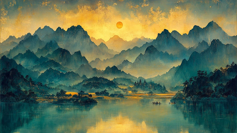 青山绿水金色峰峦农夫耕田