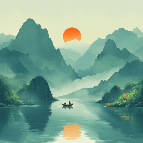 龙舟粽子竹蒸笼湖景图