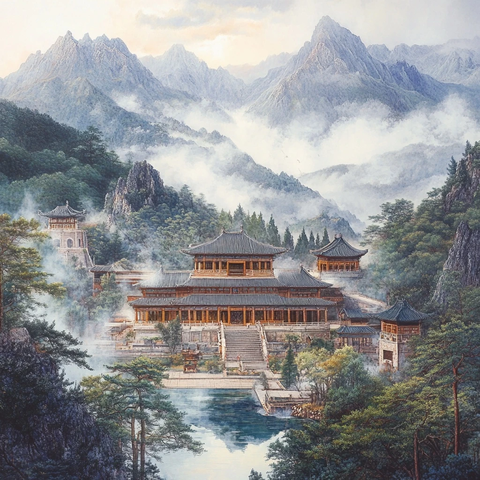 山间云雾缭绕处的传统中式古建筑群