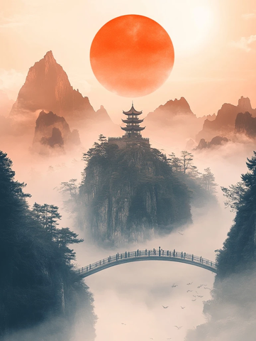 云雾山峰塔桥日出台风