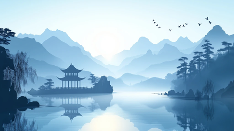 山河影绘古典亭阁