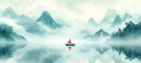 轻舟云山绿水图