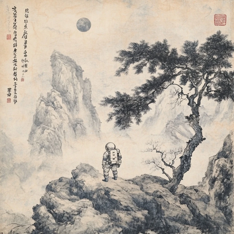 身着宇航服的人在山间眺望的水墨画