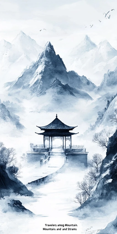 雪峰古亭小桥远山云雾