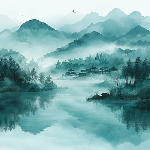 桃花园雾景水墨画