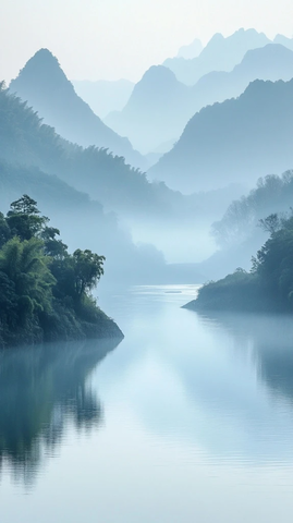 晨雾笼罩河流低坡