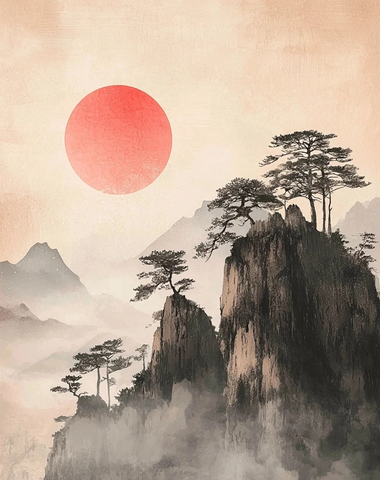 山坡树木红日薄雾