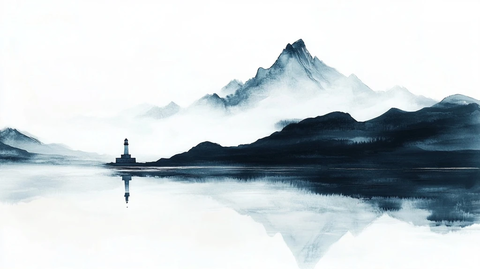 湖中灯塔远山雾影