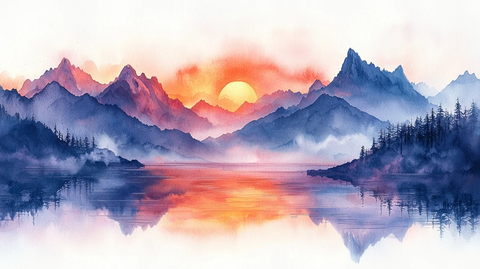 山雾日出水彩画