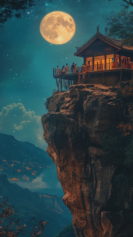 悬崖上的小屋夜景月光下的壮观景象