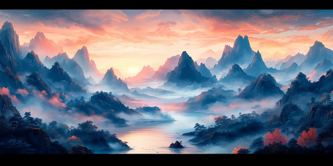 山水云雾黄河墨画