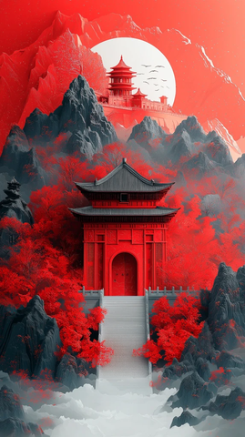 山脉双曝光红色插画