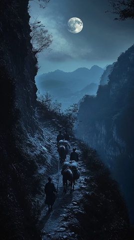 月光下的山间小路马队行走画面