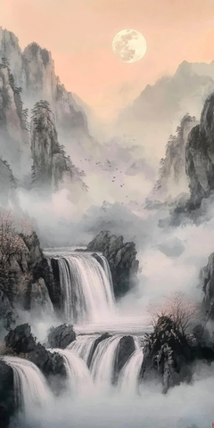 山石瀑布月夜云彩