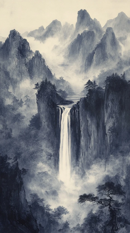 高山瀑布墨韵卷轴