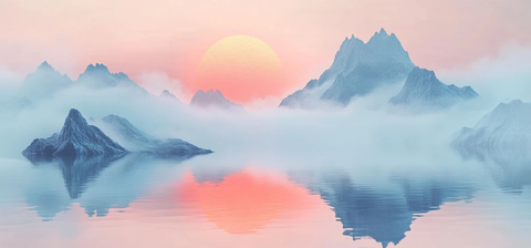 山脉水面雾气夕阳