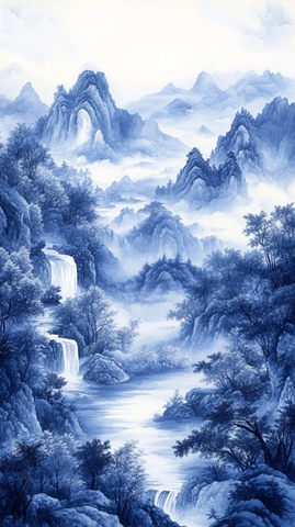 山水云雾蓝白瓷风格画