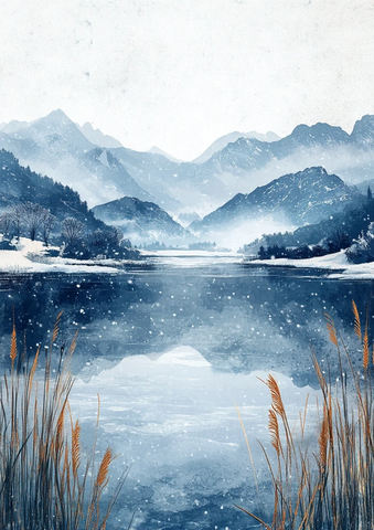 雪景山川湖畔草地