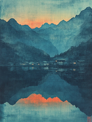 山湖倒影村庄晨曦深蓝波浪