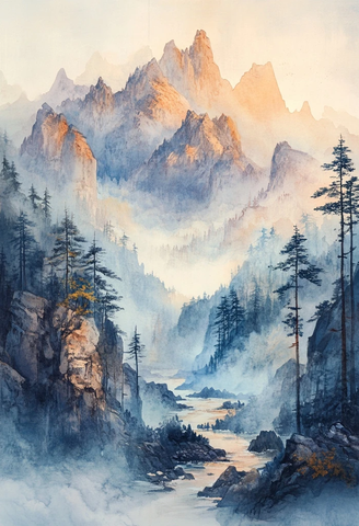 山雾缭绕河谷墨色山水