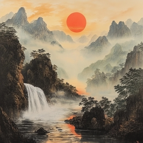 山峰水波松林红日