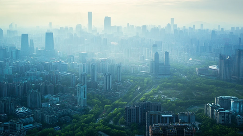 雾霭中的城市鸟瞰全景