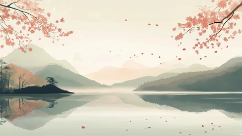 秋日山湖轻雾落叶