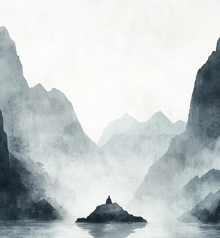 岩石上静坐白崖雾绕