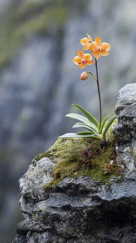 山石苔藓间的独枝兰花