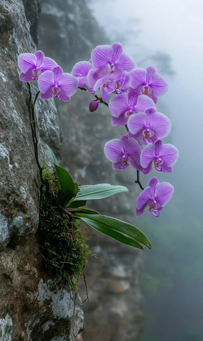 悬崖孤生兰花绿叶茂盛