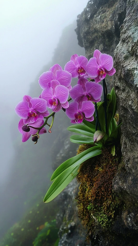 紫色蝴蝶兰生长悬崖花朵茂盛