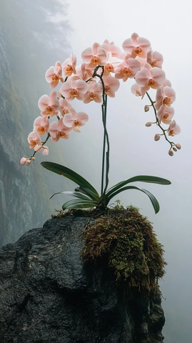 峭壁上的孤傲桃色兰花